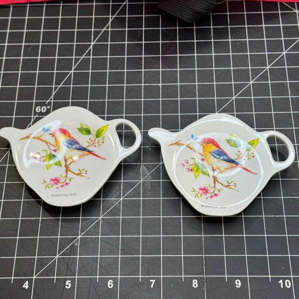 Ashdene Chris Chun Bird Melamine Tea Bag‎ Tidy Set of 2 Teapot Shaped Rests 2012